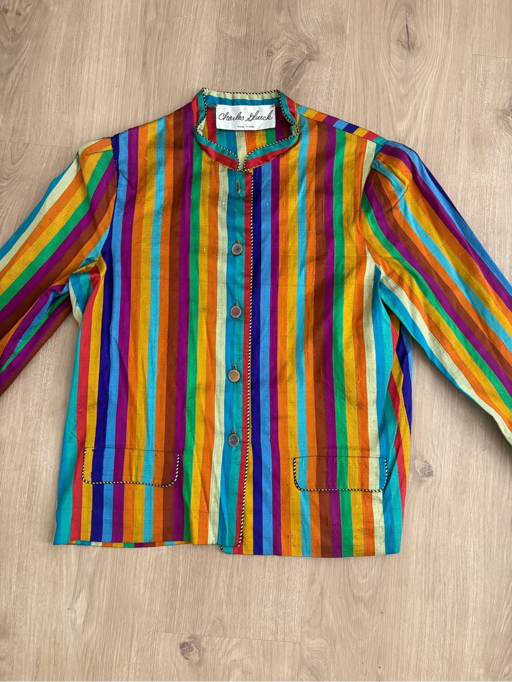 Vtg Charles Stewart 100% silk Multicolor Striped Jacket - Bright Rainbow Stripes
